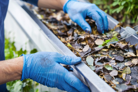 Technician cleaning debris and leaves from residential gutters