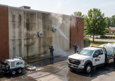 Commercial power washing of storefront exterior in Maryland