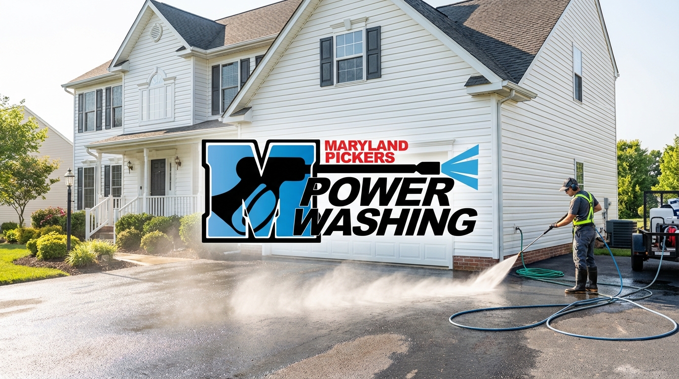 Residential power washing service cleaning a Maryland home driveway