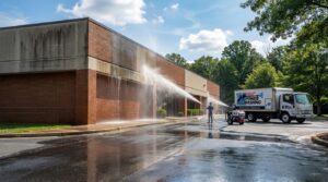 Commercial power washing in Harford County MD. A photo of our team working on the exterior of a local business.