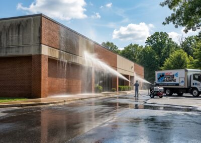 Commercial power washing of storefront exterior in Maryland