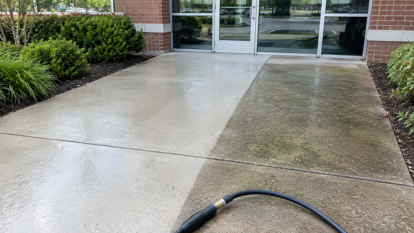 A photo of a walkway outside of an office building, demonstrating the quality of professional commercial power washing services provided by Maryland Pickers Power Washing in Harford County and the surrounding areas.