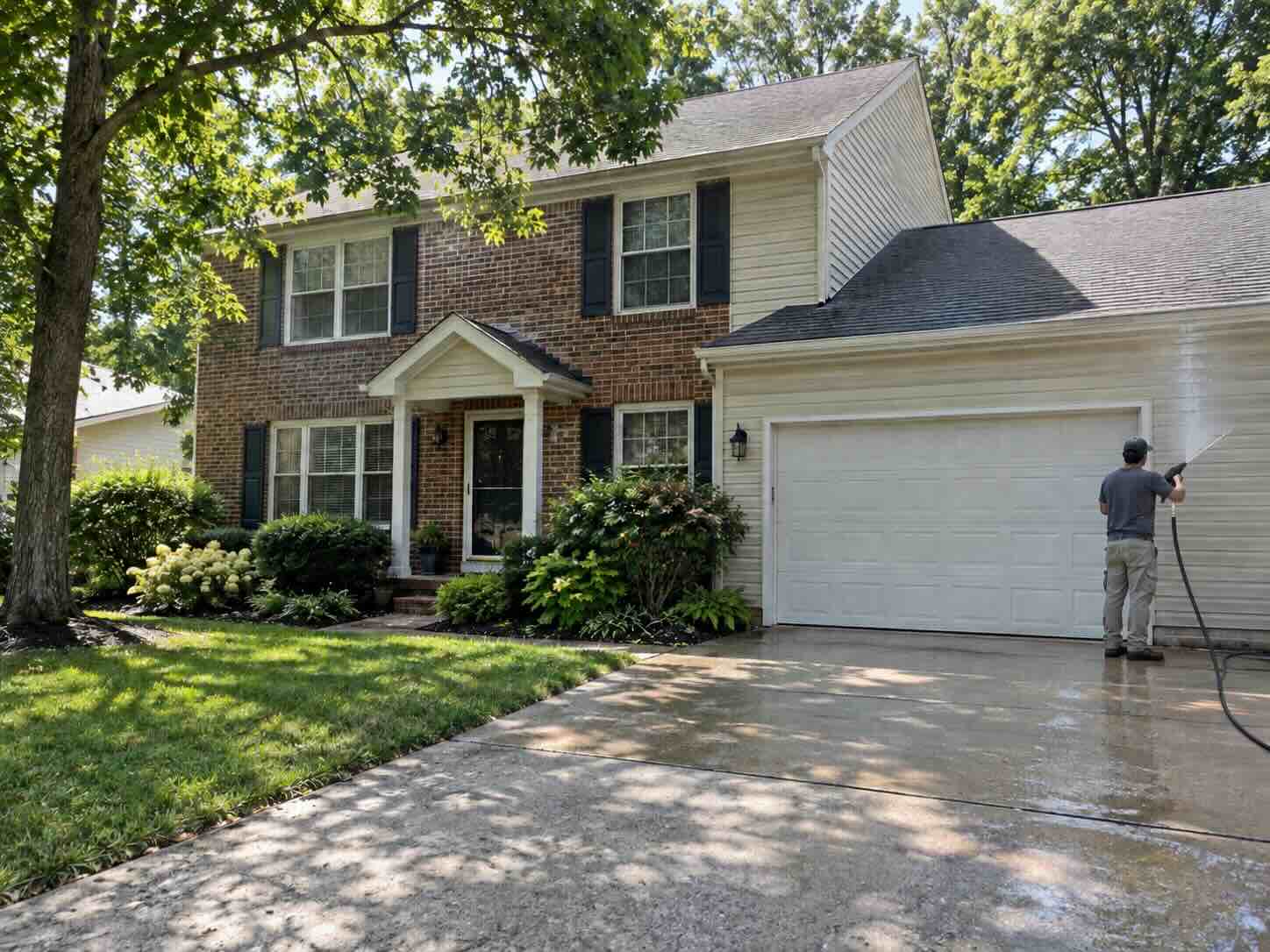 professional home power washing A photo of a home in harford county md with an expert from Maryland Pickers Power Washing providing professional home power washing services.