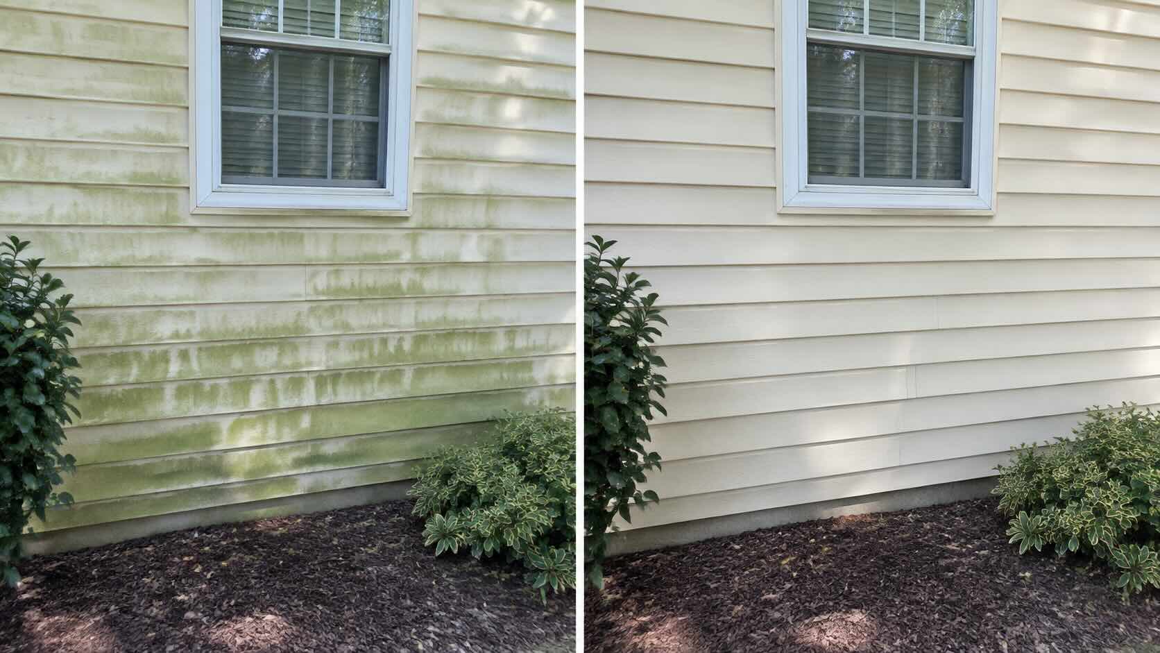 A before and after photo of algae on siding in harford county md.