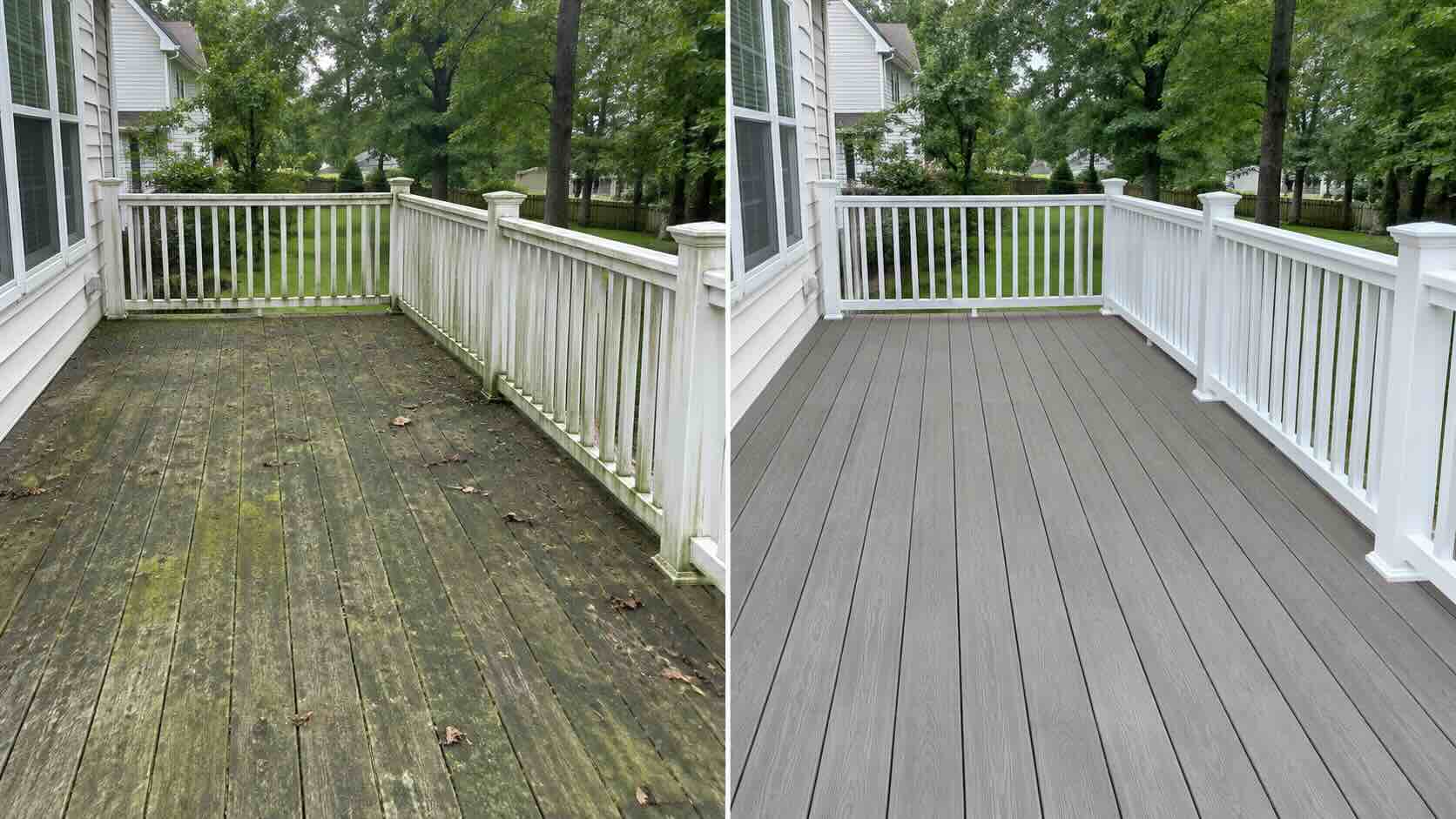 A photo of a dirty deck and the same deck after power washing, a job completed by Maryland Pickers Power Washing, providing deck cleaning in harford county md.