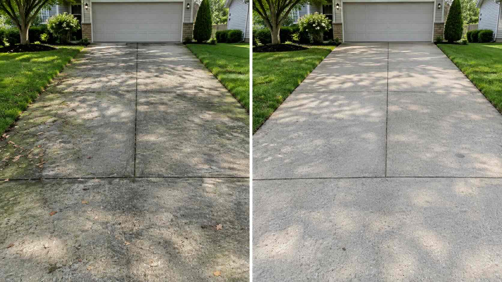 A before and after photo showing the results of professional driveway pressure washing in Harford County, MD.