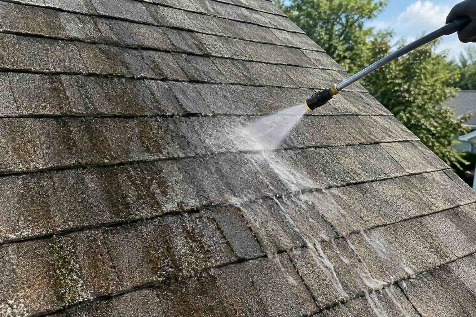 roof cleaning harford county md A closeup photo of a professional roof cleaning on a roof in harford county md.