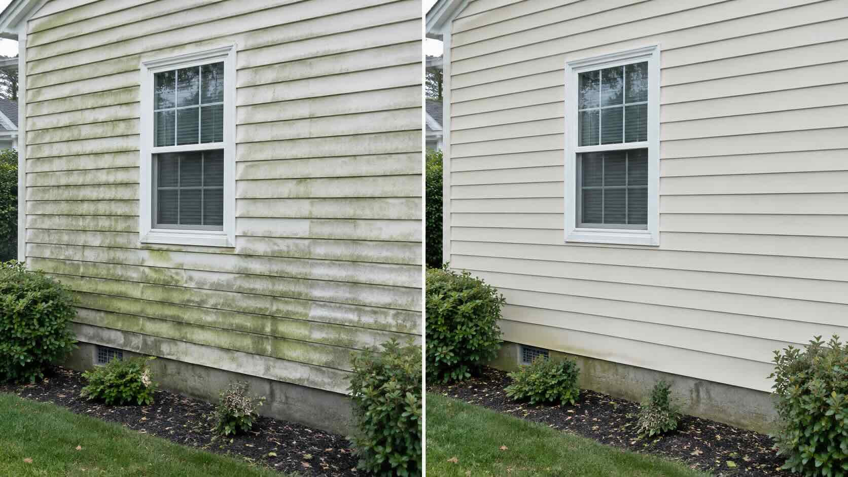 A before and after photo demonstrating the services of Maryland Pickers Power Washing, providing vinyl siding cleaning in Harford County and the Baltimore County areas.